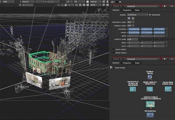 Nuke offre un environnement 3D illimité pour créer et calculer des scènes complexes, composées de plans 2D, modèles 3D, cartes, géométrie basique, caméras, lumières, meshes...