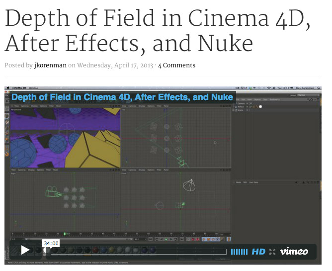 Profondeur de champ : Cinema 4D, After Effects et Nuke.