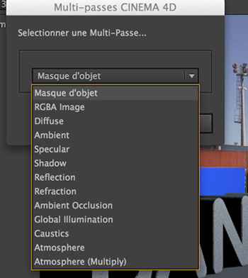 Dans After Effects CC, l'effet Cineware assure in situ le rendu des objets 3D créé par Cinema4D. Ici les options de rendu multipasse.