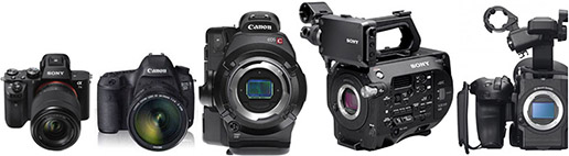 Reflex numériques Sony A7S mark II, Canon 5D mark III, caméras grand capteur Canon C300, Sony FS7, Sony FS5.