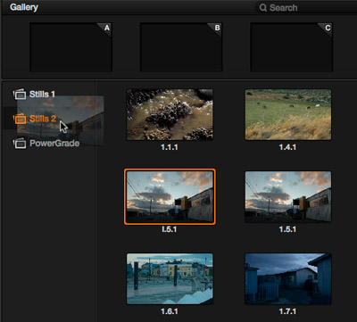 Le GRAB STILL 1.5.1 de la page Stills 1 est glissé et déposé sur la page Stills 2 pour y être déplacé. Si on l’avait glissé déposé sur PowerGrade, il y aurait été déplacé et serait devenu un POWER GRADE avec entre autre cette nouvelle propriété : un double clic sur un POWER GRADE ajoute les corrections de celui-ci au clip sélectionné dans la timeline (fonction append node graph également disponible par clic droit dans la Gallery, en Stills ou en PowerGrade).
