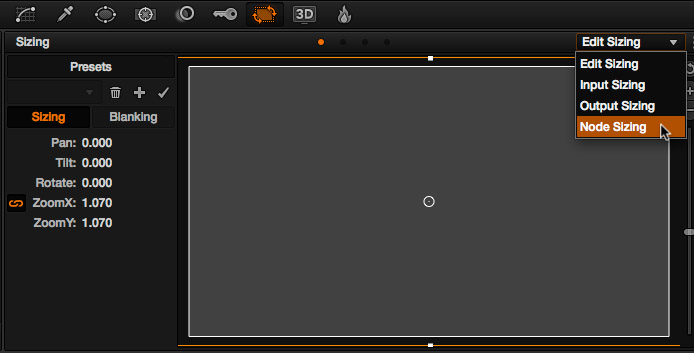 Le sous menu de la palette Sizing dans COLOR.