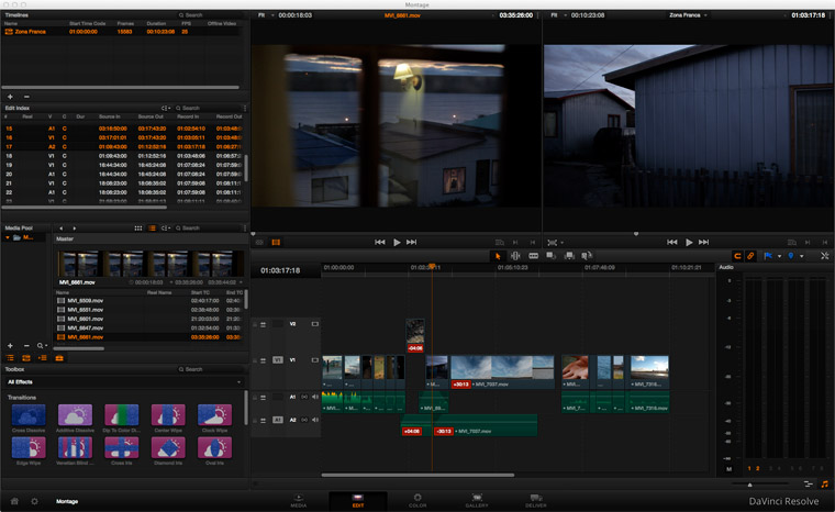 L’onglet EDIT du DaVinci RESOLVE 10 avec en rouge le décalage synchro image son.