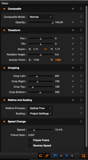 Les nouveaux boutons en orange : de gauche à droite, snapping, link et le bouton Effect Inspector donnant accès aux outils composites, transform, crop, retime and scaling et Speed Change.