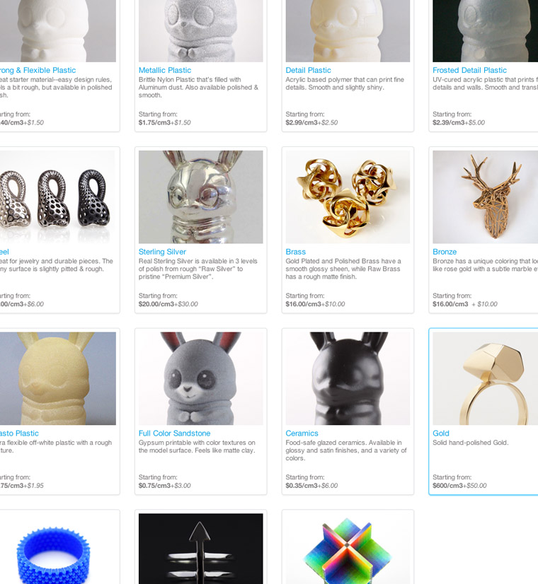 De nombreux matériaux disponibles chez Shapeways.com : plastiques, argent, bronze, acier, platine, ors...