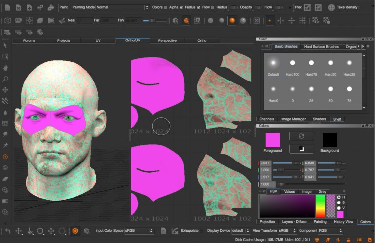 Peinture sur objet 3D en vue orthographique et UV dépliés.