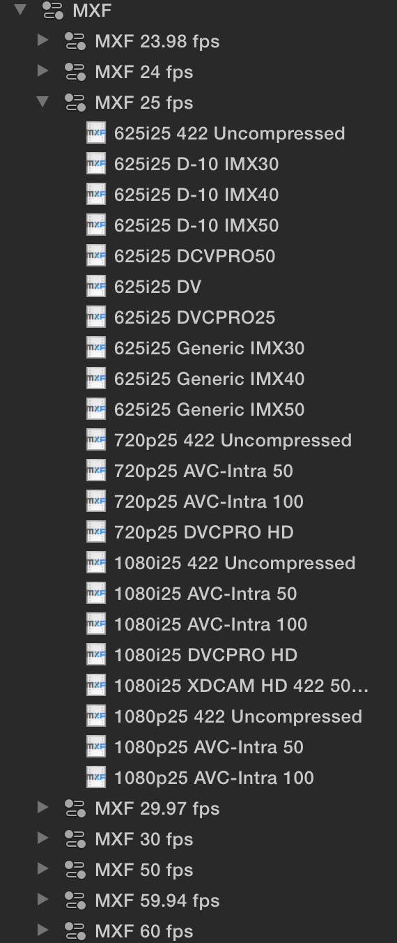 Les réglages en MXF proposés dans Compressor