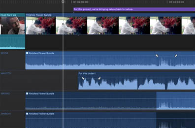 Le traitement audio par Final Cut Pro X est à la fois simple (jamais de désyncrho!) et puissant : multicanal, multicam, avec des mots clés pour attribuer des rôles aux différents types de sons : vi, vf, musique, dialogues... et faciliter la lisibilité de la timeline, les exports et le pré-mix.