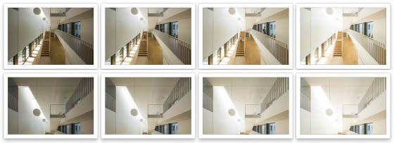 Prise de vues : 4 à 6 images de différentes expositions vont permettre d’enrichir la matière photographique, palier au contraste destructif de l’image et aux différentes températures de couleur contenues dans les sources d’éclairages.