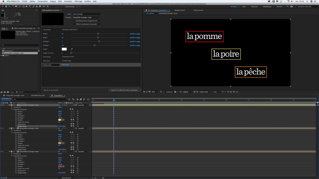 Ici, on peut voir 3 compositions imbriquées provenant de la même source, et pourtant, on a pu changer le texte et la couleur du cadre de chaque instance directement dans la composition principale, sans avoir à dupliquer la composition source.