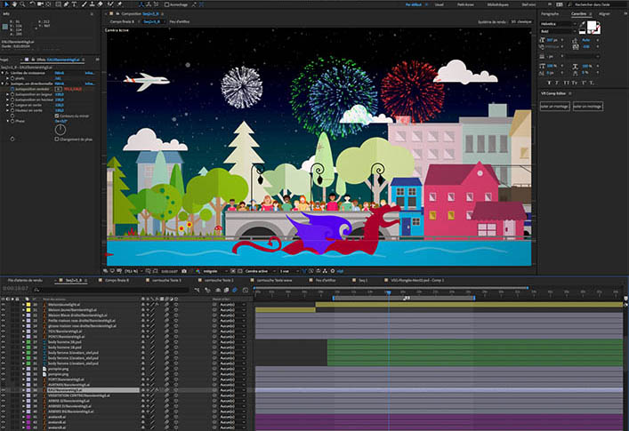 After Effects, ses compositions et précompositions, ses calques animés et superposés...