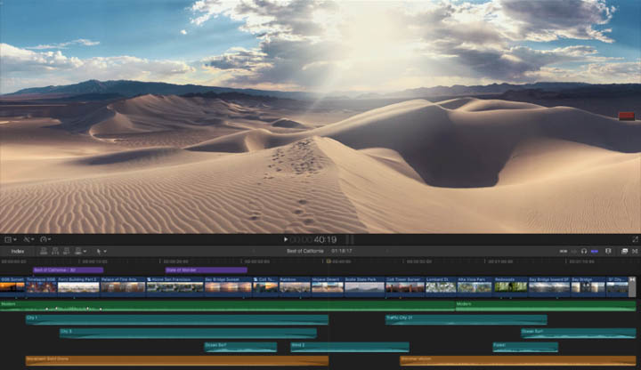 Capture d'écran de la Timeline de Final Cut Pro X, logiciel de montage professionnel.