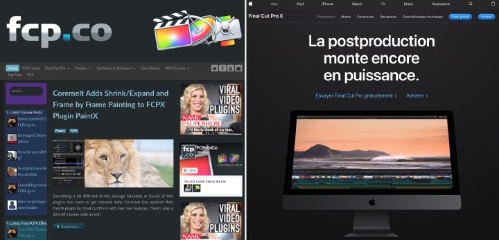 Fcp.co, le site pro des usagers de Final Cut Pro X et la page d'Apple consacrée au logiciel